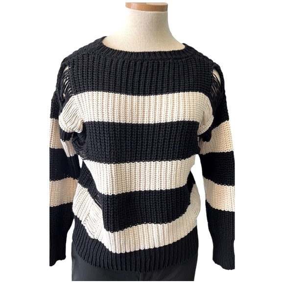 Sandro Stripe Distressed Knit Sweater, Black & Cream,  size EU 2/Med, US 4-6 - Picture 3 of 16